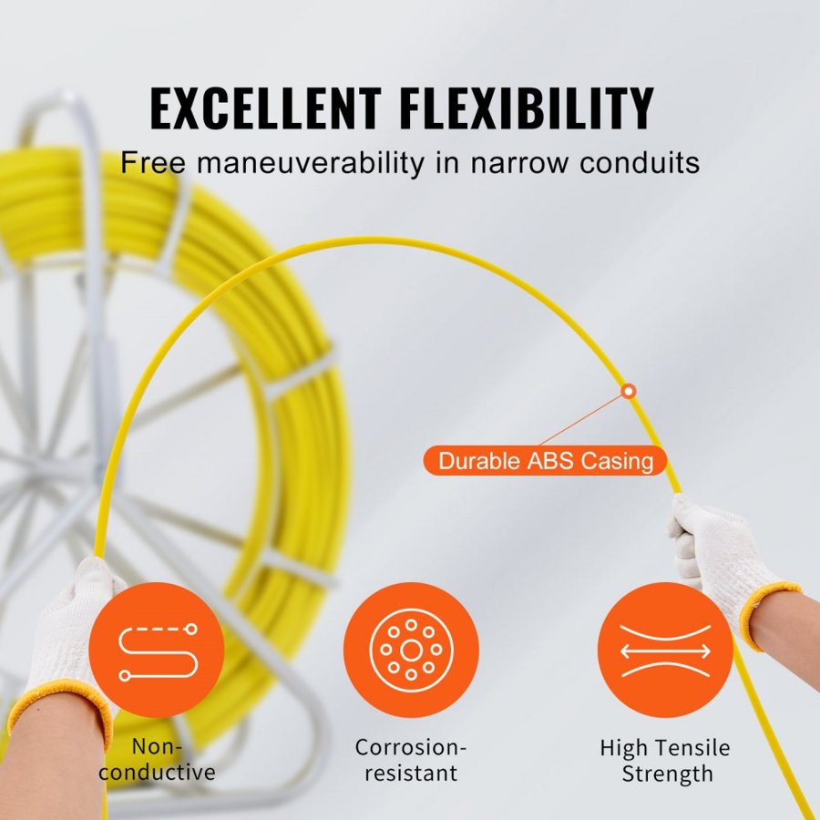 VEVOR Fish Tape Fiberglass, 150.3 m, 8.0 mm, Duct Rodder Fishtape Wire Puller, Cable Running Rod with Steel Reel Stand, 3 Pulling Heads, Fishing Tools for Walls and Electrical Conduit, Non-Conductive