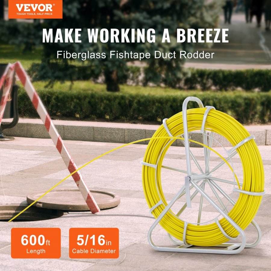 VEVOR Fish Tape Fiberglass, 183 m, 0.8 cm, Duct Rodder Fishtape Wire Puller, Cable Running Rod with Steel Reel Stand, 3 Pulling Heads, Fishing Tools for Walls and Electrical Conduit, Non-Conductive