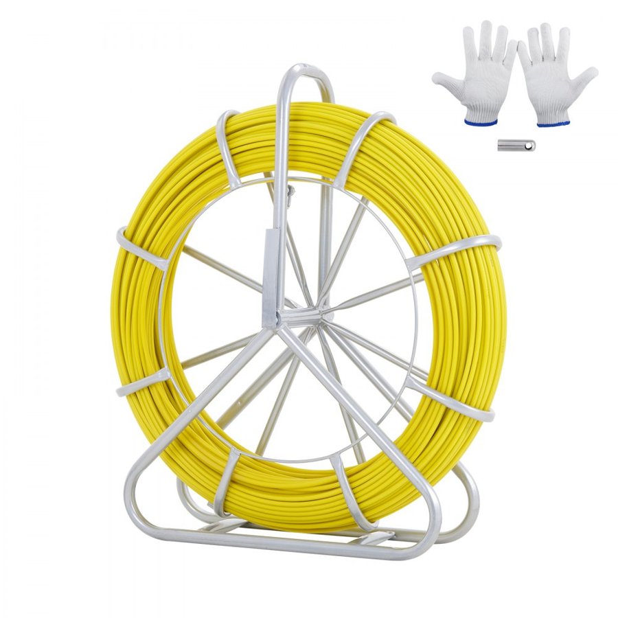 VEVOR Fish Tape Fiberglass, 129.5 m, 6.4 mm, Duct Rodder Fishtape Wire Puller, Cable Running Rod with Steel Reel Stand, 3 Pulling Heads, Fishing Tools for Walls and Electrical Conduit, Non-Conductive