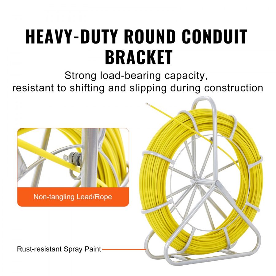 VEVOR Fish Tape Fiberglass, 129.5 m, 6.4 mm, Duct Rodder Fishtape Wire Puller, Cable Running Rod with Steel Reel Stand, 3 Pulling Heads, Fishing Tools for Walls and Electrical Conduit, Non-Conductive