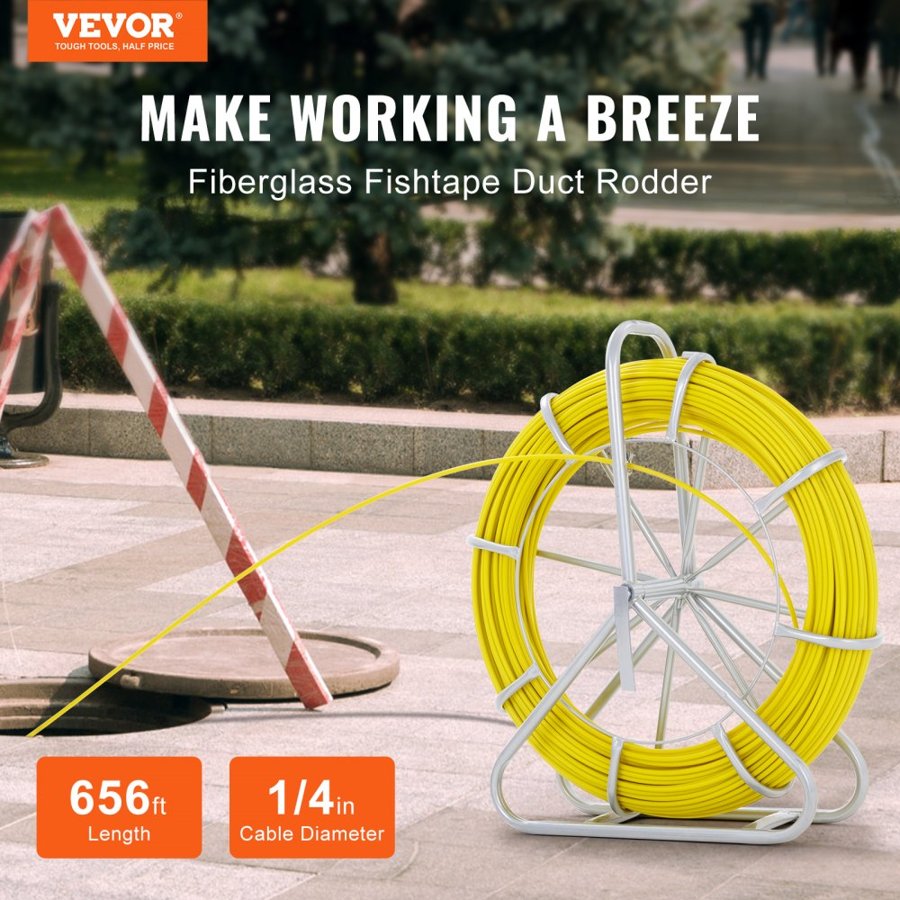 VEVOR Fish Tape Fiberglass, 200 m, 6.35 mm, Duct Rodder Fishtape Wire Puller, Cable Running Rod with Steel Reel Stand, 3 Pulling Heads, Fishing Tools for Walls and Electrical Conduit, Non-Conductive