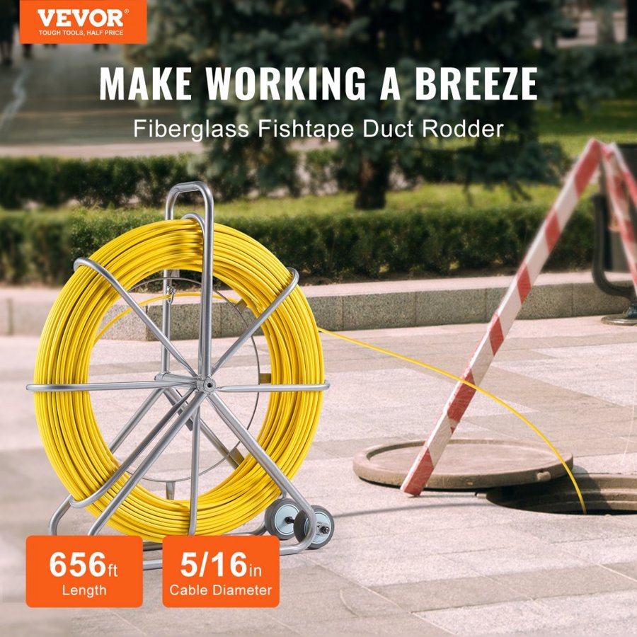 VEVOR Fiberglass Fish Tape – 656 Ft, 5/16 In Duct Rodder
