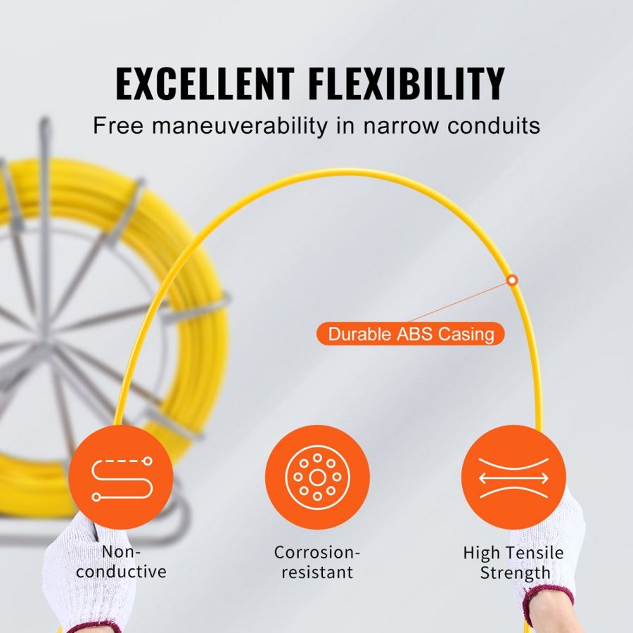 VEVOR Fiberglass Fish Tape – 656 Ft, 5/16 In Duct Rodder