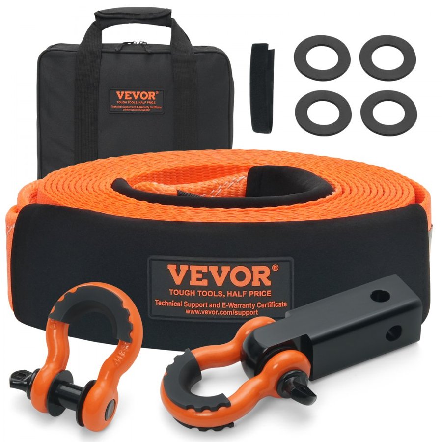 VEVOR Polyester Heavy Duty Tow Strap Recovery Kit 3" x 30 ft/7.6 cm x 9.1 m (MBS-36,000 lbs/16,329 kg) Winch Strap, Triple Reinforced Loop, Snatch Strap + 2" (5.1 cm) Shackle Hitch Receiver + 3/4" (1.9 cm) D-Ring Shackles (2PCS) + Storage Bag