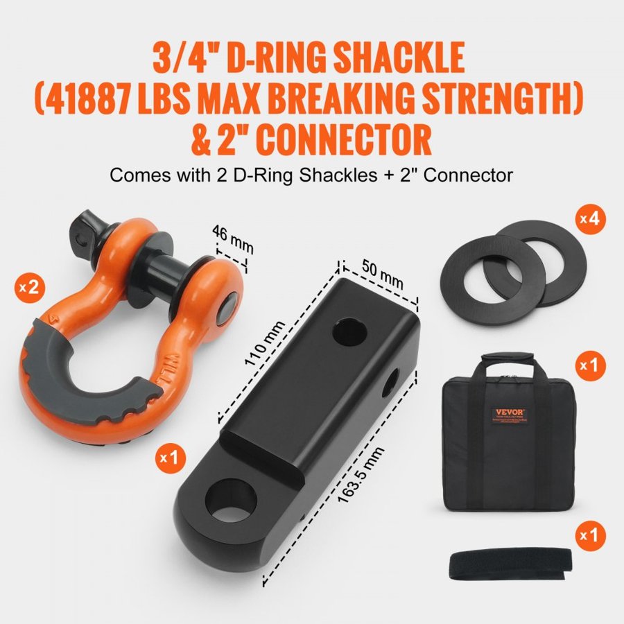 VEVOR Polyester Heavy Duty Tow Strap Recovery Kit 3" x 30 ft/7.6 cm x 9.1 m (MBS-36,000 lbs/16,329 kg) Winch Strap, Triple Reinforced Loop, Snatch Strap + 2" (5.1 cm) Shackle Hitch Receiver + 3/4" (1.9 cm) D-Ring Shackles (2PCS) + Storage Bag