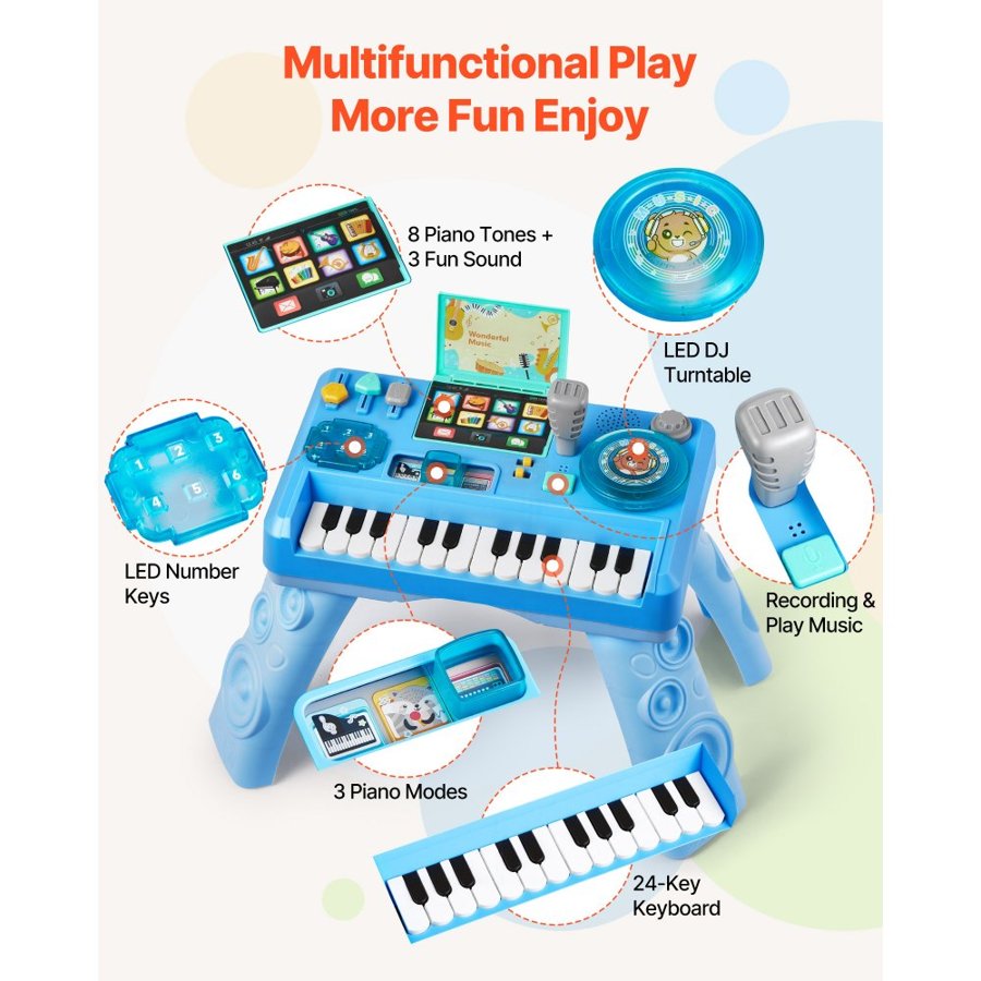 VEVOR Baby DJ Playset for Toddlers 1-3, Educational Musical Table Toys with 133 Sound Sources, Recording and LED DJ Turntable, Baby Activity Table for Birthday, Gift for Kids Aged 6+ Months
