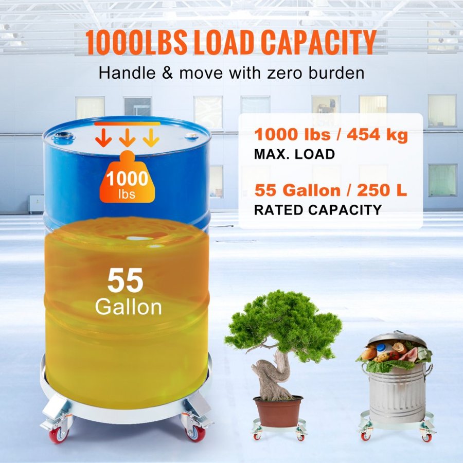 VEVOR 208.2 L Heavy Duty Drum Dolly, 453.6 kg Load Capacity, Barrel Dolly Cart Drum Caddy, Non Tipping Hand Truck Capacity Dollies with Steel Frame 4 Swivel Casters Wheel, for Warehouse Drum Handling