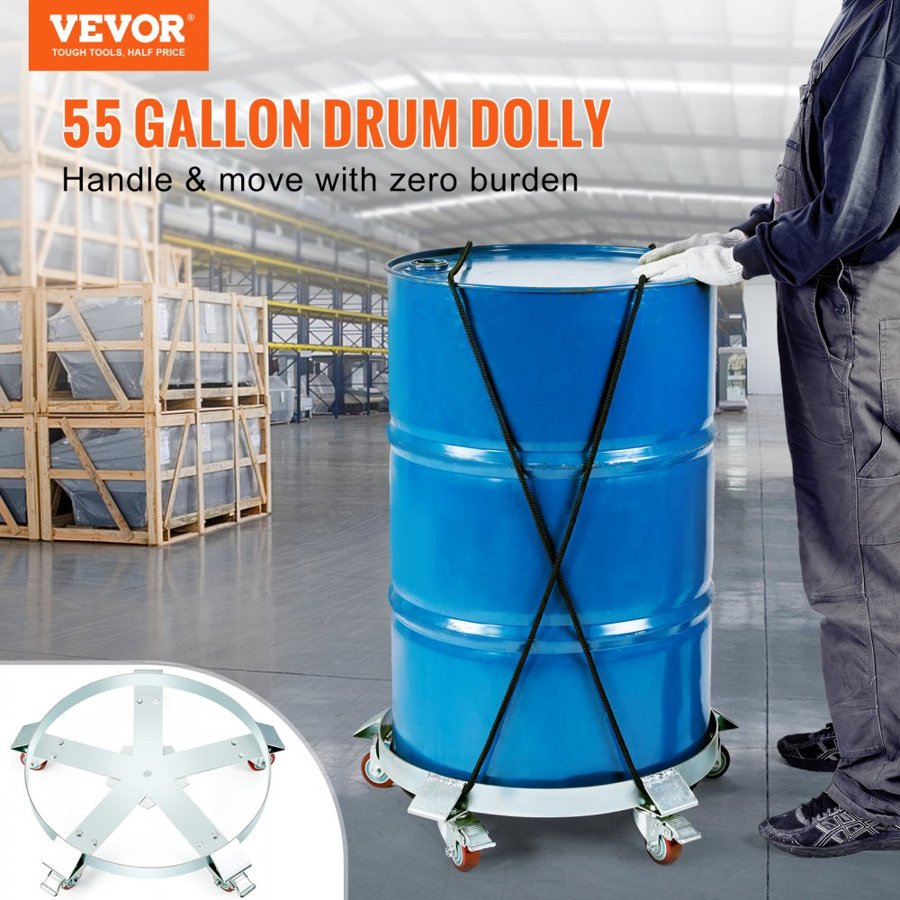 VEVOR 208.2 L Heavy Duty Drum Dolly, 567 kg Load Capacity, Barrel Dolly Cart Drum Caddy, Non Tipping Hand Truck Capacity Dollies with Steel Frame 5 Swivel Casters Wheel, for Warehouse Drum Handling