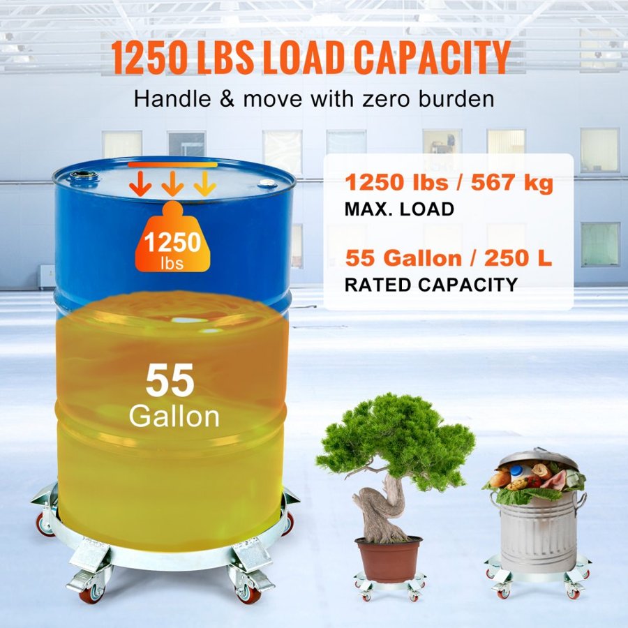 VEVOR 208.2 L Heavy Duty Drum Dolly, 567 kg Load Capacity, Barrel Dolly Cart Drum Caddy, Non Tipping Hand Truck Capacity Dollies with Steel Frame 5 Swivel Casters Wheel, for Warehouse Drum Handling