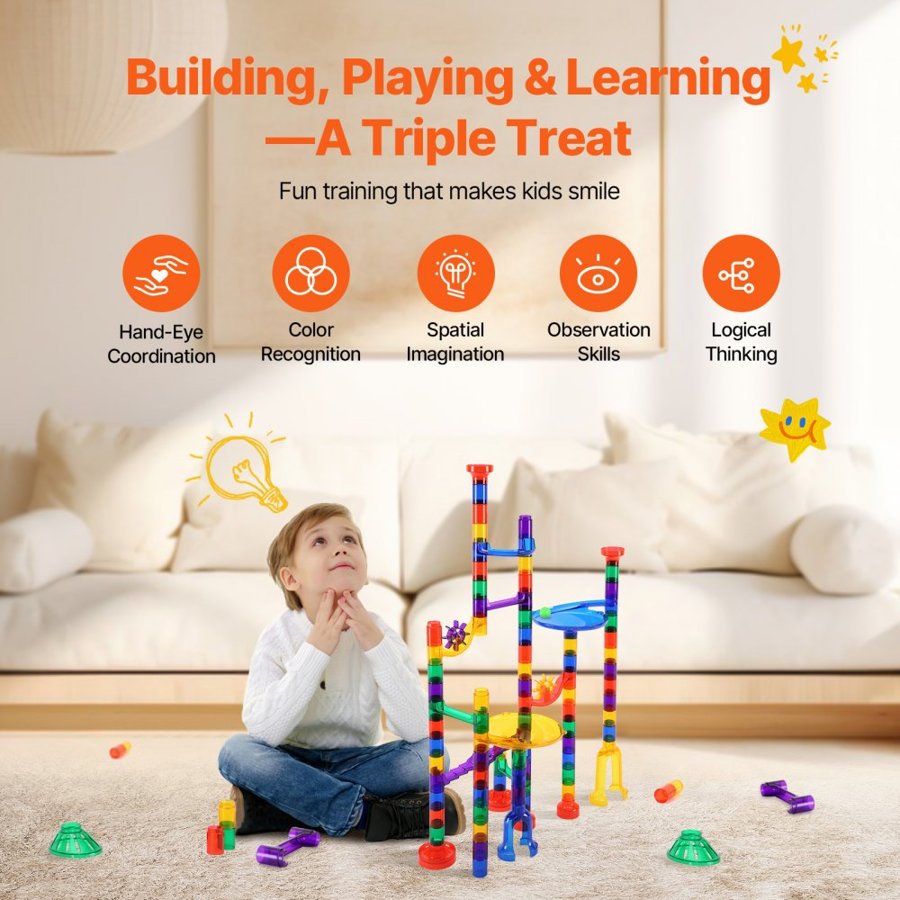 VEVOR Marble Run Set, 110 Piece Marble Maze Building Block Brain Game, with 10 Glow in the Dark Marbles + 20 Glass Marbles, Educational Learning Race Track STEM Toys, for Kids, Boys, Girls Ages 3 +