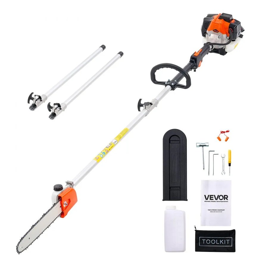 VEVOR Gas Pole Saw, 25CC 2 Stroke Gas Powered Pole Saws with 30.5 cm Cutting Bar, Cordless Tree Trimmer with 650ml Fuel Tank, 2.12 to 3.62 m Extendable, Powerful Chainsaw for Tree Trimming Pruning