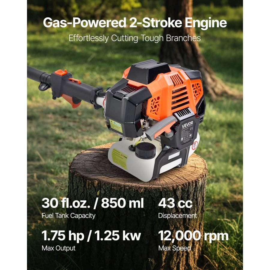 VEVOR Gas Pole Saw, 43CC 2 Stroke Gas Powered Pole Saws with 30.48 cm Cutting Bar, Cordless Tree Trimmer with Rotatable Head, 2.16 to 3.66 m Extendable, Powerful Chainsaw for Tree Trimming Pruning
