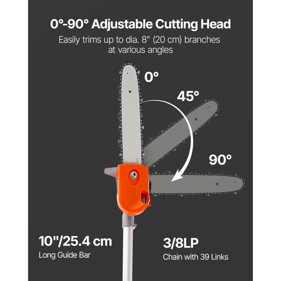 VEVOR Gas Pole Saw, 43CC 2 Stroke Gas Powered Pole Saws with 30.48 cm Cutting Bar, Cordless Tree Trimmer with Rotatable Head, 2.16 to 3.66 m Extendable, Powerful Chainsaw for Tree Trimming Pruning