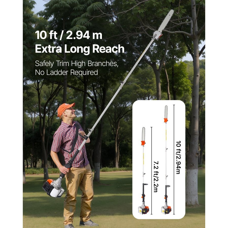 VEVOR Gas Pole Saw, 52CC 2 Stroke Gas Powered Pole Saws with 35.6 cm Cutting Bar, Cordless Tree Trimmer with 850ml Fuel Tank, 2.2 to 2.94 m  Extendable, Powerful Chainsaw for Tree Trimming Pruning