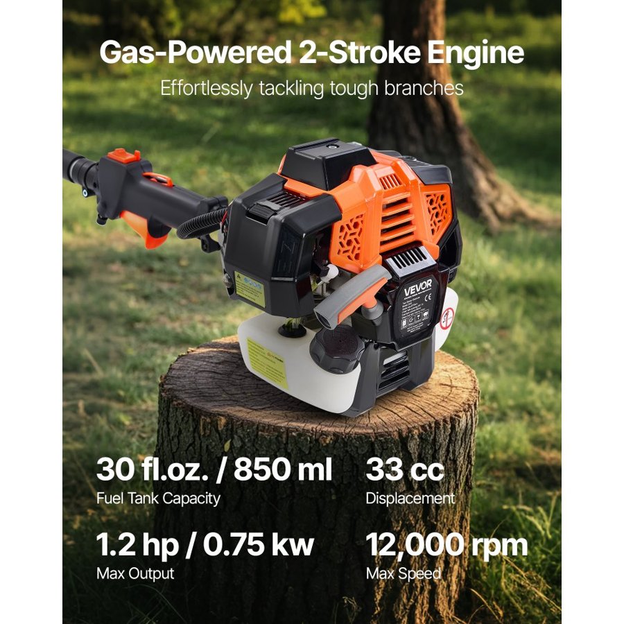 VEVOR Gas Pole Saw, 33CC 2 Stroke Gas Powered Pole Saws with 20.3 cm Cutting Bar, Cordless Tree Trimmer with 850ml Fuel Tank, 2 to 3.5 m  Extendable, Powerful Chainsaw for Tree Trimming Pruning