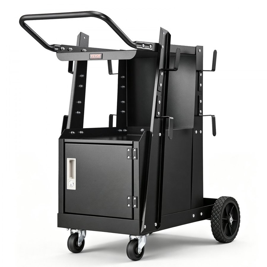 VEVOR Welding Cart, 2-Tier Heavy Duty Welder Cart with Anti-Theft Lockable Cabinet, 120.2 kg Weight Capacity, 360° Swivel Wheels, Tank Storage Safety Chains, Welding Cabinet for TIG, ARC, Plasma Cutter
