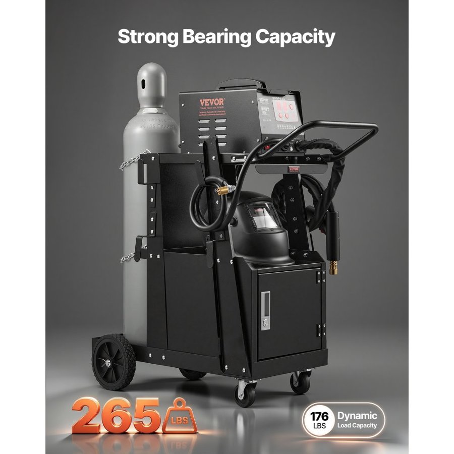 VEVOR Welding Cart, 2-Tier Heavy Duty Welder Cart with Anti-Theft Lockable Cabinet, 120.2 kg Weight Capacity, 360° Swivel Wheels, Tank Storage Safety Chains, Welding Cabinet for TIG, ARC, Plasma Cutter