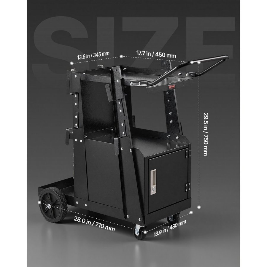 VEVOR Welding Cart, 2-Tier Heavy Duty Welder Cart with Anti-Theft Lockable Cabinet, 120.2 kg Weight Capacity, 360° Swivel Wheels, Tank Storage Safety Chains, Welding Cabinet for TIG, ARC, Plasma Cutter