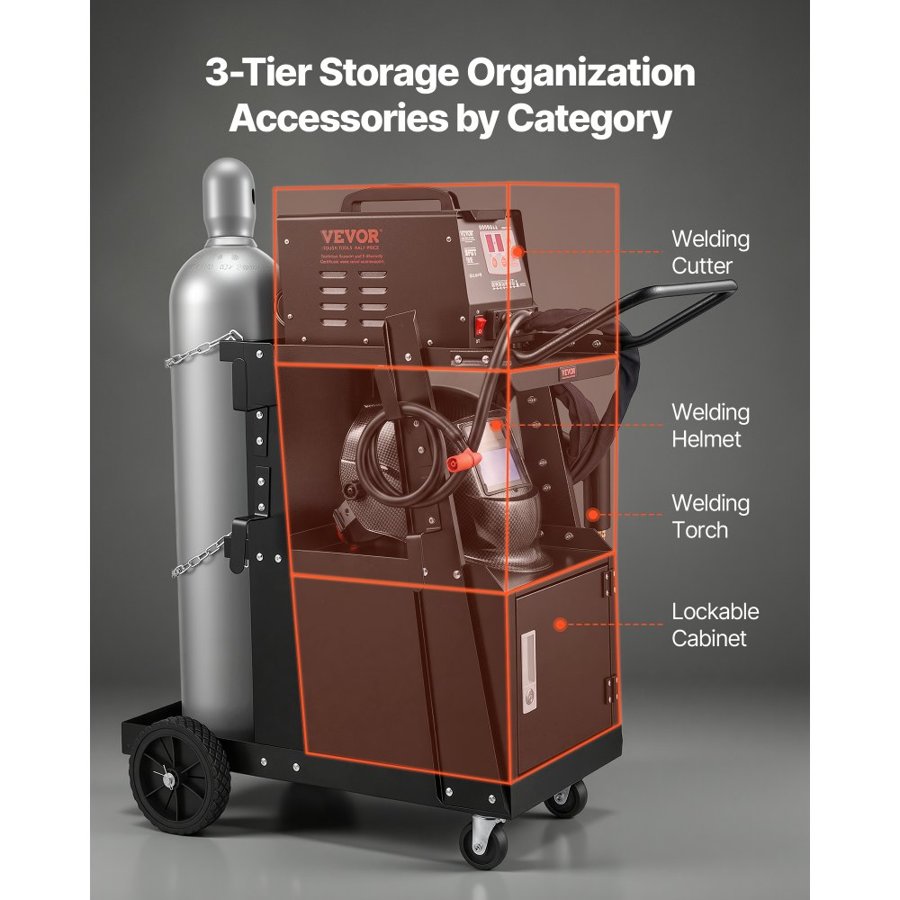 VEVOR Welding Cart, 2-Tier Heavy Duty Welder Cart with Anti-Theft Lockable Cabinet, 120.2 kg Weight Capacity, 360° Swivel Wheels, Tank Storage Safety Chains, Welding Cabinet for TIG, ARC, Plasma Cutter