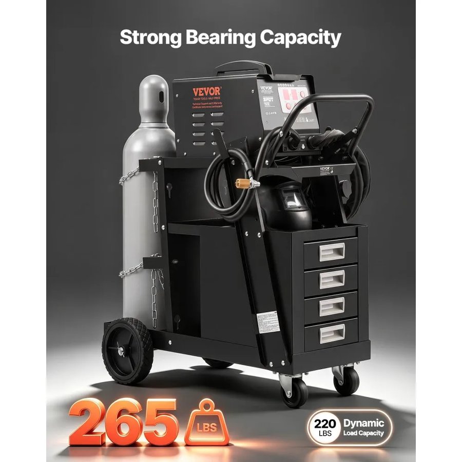 VEVOR Welding Cart, 2-Tier 4 Drawers Welder Cart with 120.2 kg Weight Capacity, 360° Swivel Wheels, Tank Storage Safety Chains, Heavy Duty Rolling MIG Welder Cart for Mig Welder and Plasma Cutter