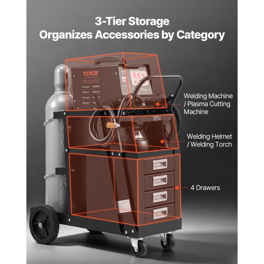 VEVOR Welding Cart, 2-Tier 4 Drawers Welder Cart with 120.2 kg Weight Capacity, 360° Swivel Wheels, Tank Storage Safety Chains, Heavy Duty Rolling MIG Welder Cart for Mig Welder and Plasma Cutter