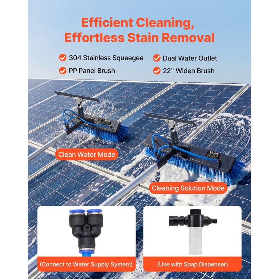 VEVOR Solar Panel Cleaning Kit, 7.99 m, Water Fed Pole Kit with Cleaning Brush, Squeegee, Soap Dispenser, Extendable Aluminum Telescopic Pole, 180° Rotatable Brush Head, for Roof Mounted Solar Panels
