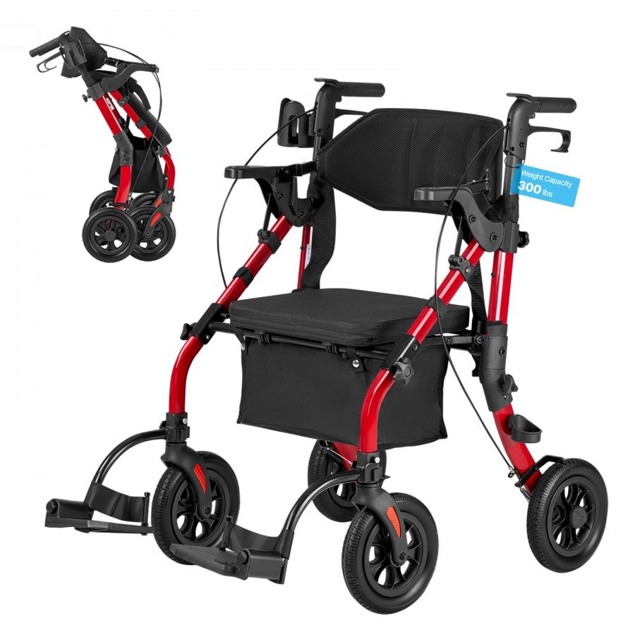 VEVOR 2-in-1 Rollator Walker & Transport Chair for Seniors, Foldable Rolling Walker Wheelchair, Lightweight Aluminum Mobility Walking Aid with Solid PU Wheels, Cup & Cane Holder - Supports 136kg
