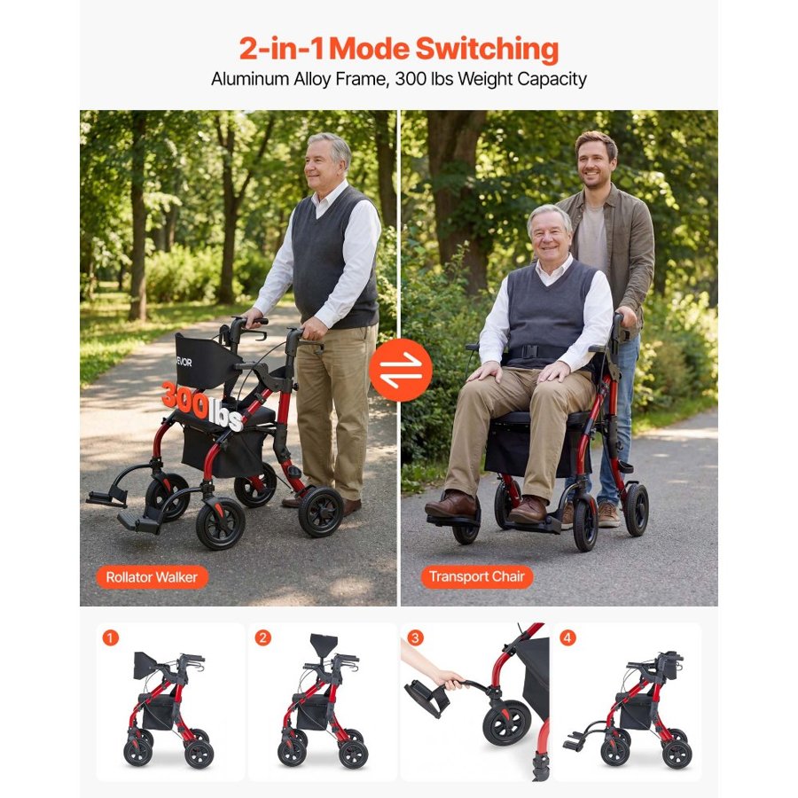 VEVOR 2-in-1 Rollator Walker & Transport Chair for Seniors, Foldable Rolling Walker Wheelchair, Lightweight Aluminum Mobility Walking Aid with Solid PU Wheels, Cup & Cane Holder - Supports 136kg