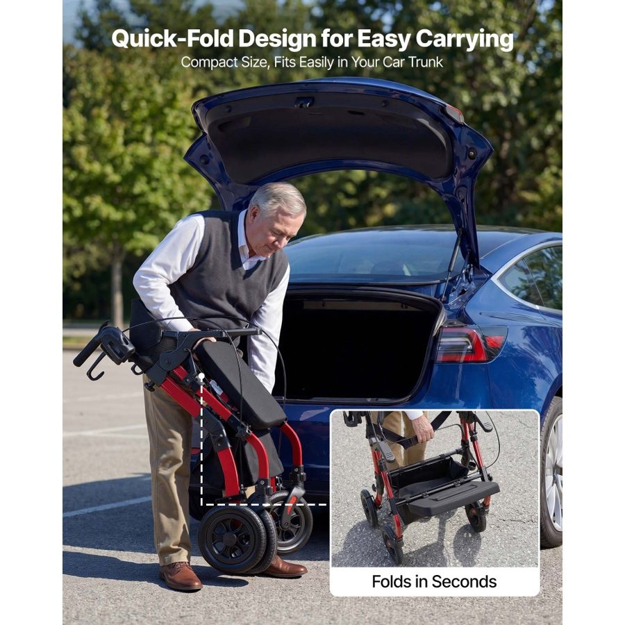 VEVOR 2-in-1 Rollator Walker & Transport Chair for Seniors, Foldable Rolling Walker Wheelchair, Lightweight Aluminum Mobility Walking Aid with Solid PU Wheels, Cup & Cane Holder - Supports 136kg
