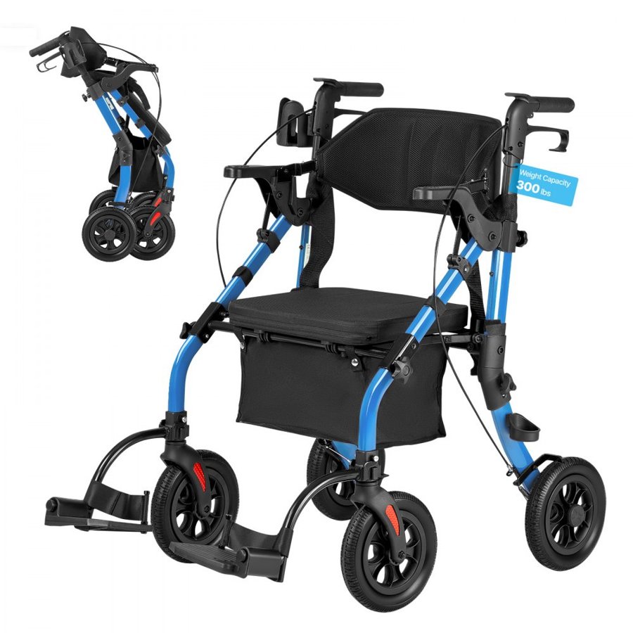 VEVOR 2-in-1 Rollator Walker & Transport Chair for Seniors, Foldable Rolling Walker Wheelchair, Lightweight Aluminum Mobility Walking Aid with Solid PU Wheels, Cup & Cane Holder - Supports 136kg