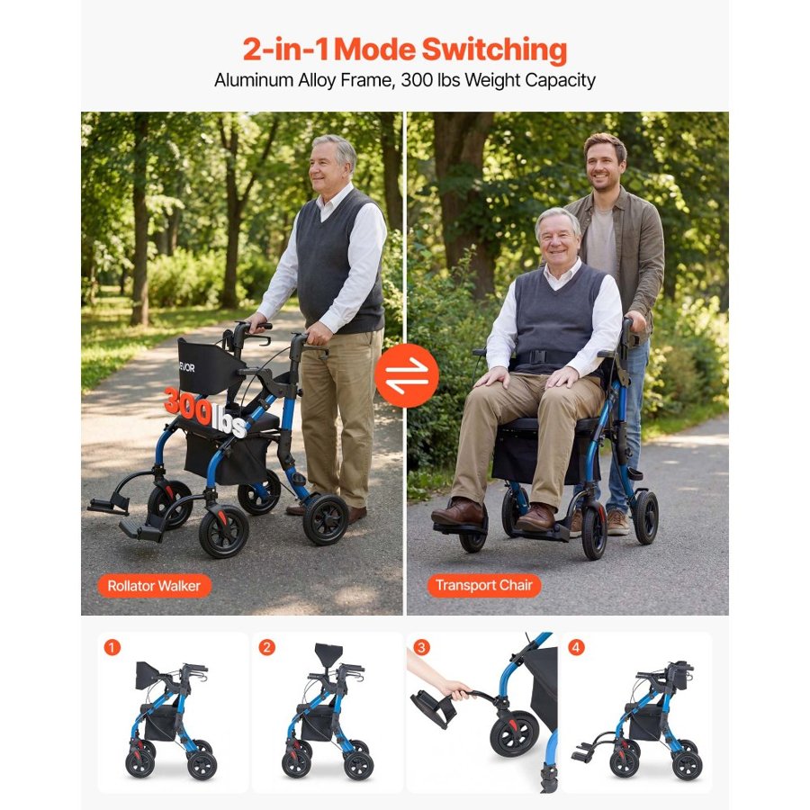 VEVOR 2-in-1 Rollator Walker & Transport Chair for Seniors, Foldable Rolling Walker Wheelchair, Lightweight Aluminum Mobility Walking Aid with Solid PU Wheels, Cup & Cane Holder - Supports 136kg