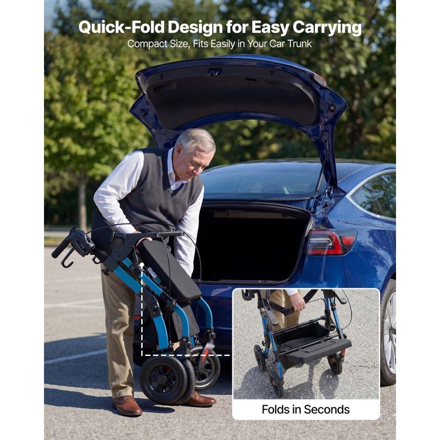 VEVOR 2-in-1 Rollator Walker & Transport Chair for Seniors, Foldable Rolling Walker Wheelchair, Lightweight Aluminum Mobility Walking Aid with Solid PU Wheels, Cup & Cane Holder - Supports 136kg