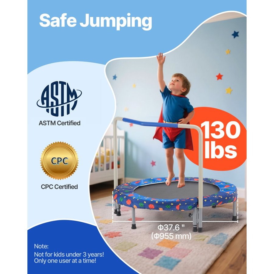 VEVOR 36" Kids Trampoline, 3FT Indoor Outdoor Trampoline, Foldable Mini Trampoline with Handle, Rebounder Trampoline for Toddlers, Birthday Gift for 3+ Years Children, Boys Girls for Fun, Bule