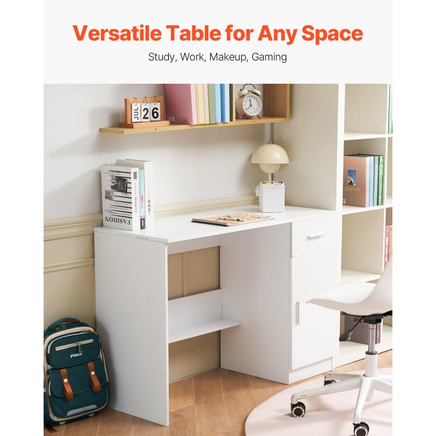 VEVOR Small Desk with Drawer, Kids Desk for Bedroom, Wooden Simple Study Table for Drawing, Reading, Writing, Rectangle MDF Study Storage Table with Adjustable Shelf for Home, Office, White