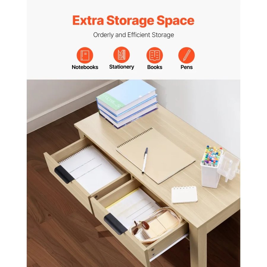 VEVOR Small Desk with Drawers, Kids Desk for Bedroom, Modern Simple Study Table for Drawing, Reading, Writing, Rectangle MDF Furniture Study Storage Table for Home, Office, Light Wood