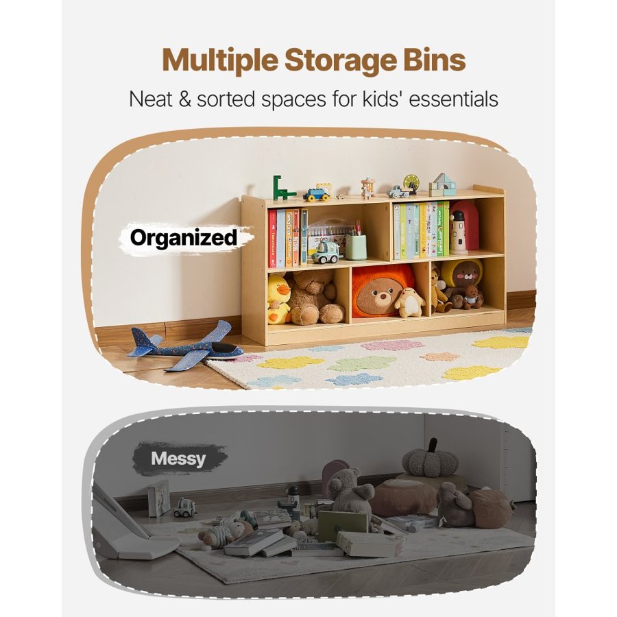 VEVOR Montessori Bookshelf, 1140 mm Width Toy Storage Organizer, 5-Section Kids Display Storage Cabinet, Daycare Furniture, Kids Bookshelf for Bedroom, Nursery, Living Room, Entryway, Preschool, Brown