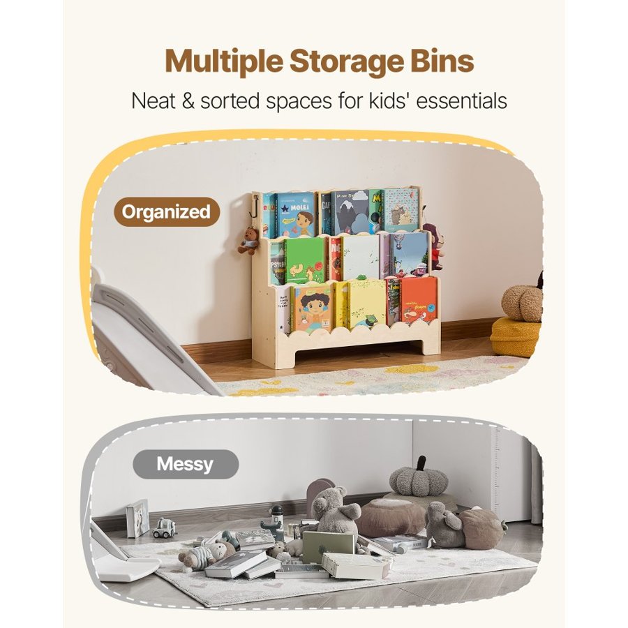 VEVOR Montessori Bookshelf, 3-Tier Scalloped Kids Bookshelf, Front Facing Toddler Bookcase, Dual Hooks for Hanging Backpacks, Baby Bookshelf for Kids Room, Living Room, Entryway, Nursury, Preschool