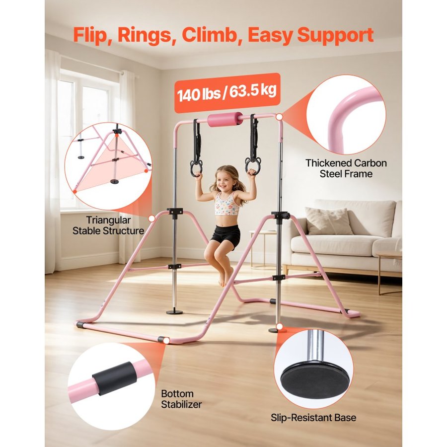 VEVOR Folding Gymnastics Bar for Kids – 63.5kg, 5 Heights
