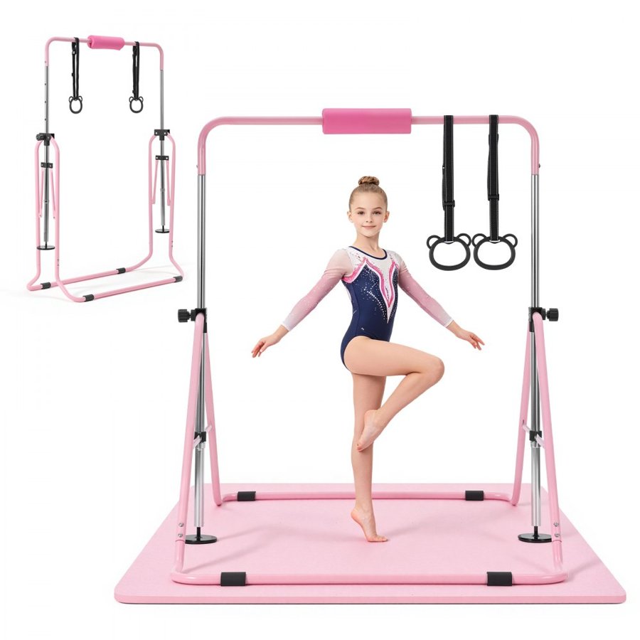 VEVOR Gymnastic Bars for Kids, 63.5 kg Capacity Folding Training Kip Bar with Mat, Adjustable Height Gymnastic Horizontal Bar for Home, Training Equipment for Indoor Outdoor, Easy to Assemble, Pink