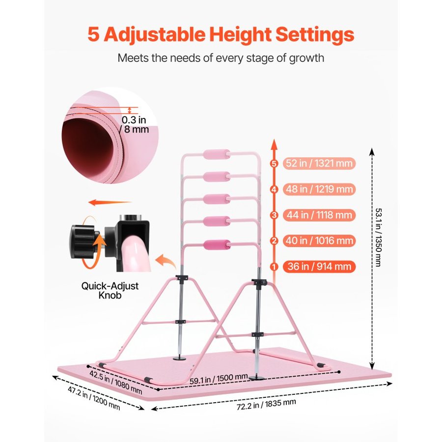 VEVOR Gymnastic Bars for Kids, 63.5 kg Capacity Folding Training Kip Bar with Mat, Adjustable Height Gymnastic Horizontal Bar for Home, Training Equipment for Indoor Outdoor, Easy to Assemble, Pink