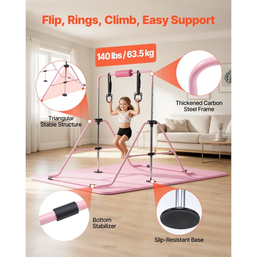 VEVOR Gymnastic Bars for Kids, 63.5 kg Capacity Folding Training Kip Bar with Mat, Adjustable Height Gymnastic Horizontal Bar for Home, Training Equipment for Indoor Outdoor, Easy to Assemble, Pink