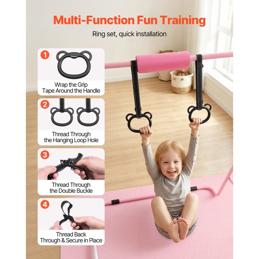 VEVOR Gymnastic Bars for Kids, 63.5 kg Capacity Folding Training Kip Bar with Mat, Adjustable Height Gymnastic Horizontal Bar for Home, Training Equipment for Indoor Outdoor, Easy to Assemble, Pink