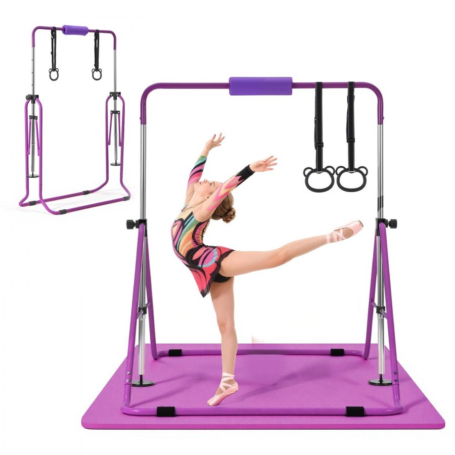 VEVOR Gymnastic Bars for Kids, 63.5 kg Capacity Folding Training Kip Bar with Mat, Adjustable Height Gymnastic Horizontal Bar for Home, Training Equipment for Indoor Outdoor, Easy to Assemble, Purple