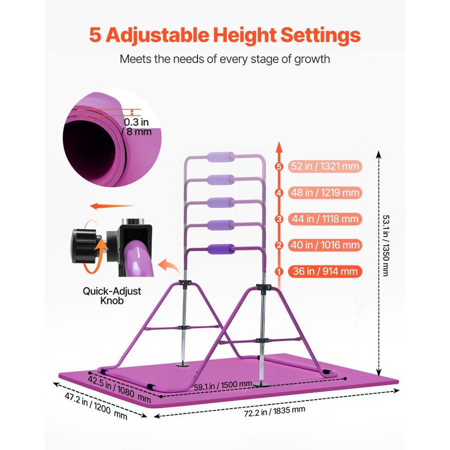 VEVOR Gymnastic Bars for Kids, 63.5 kg Capacity Folding Training Kip Bar with Mat, Adjustable Height Gymnastic Horizontal Bar for Home, Training Equipment for Indoor Outdoor, Easy to Assemble, Purple