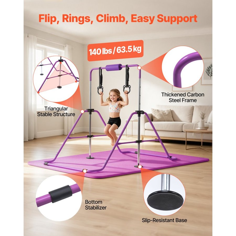 VEVOR Gymnastic Bars for Kids, 63.5 kg Capacity Folding Training Kip Bar with Mat, Adjustable Height Gymnastic Horizontal Bar for Home, Training Equipment for Indoor Outdoor, Easy to Assemble, Purple
