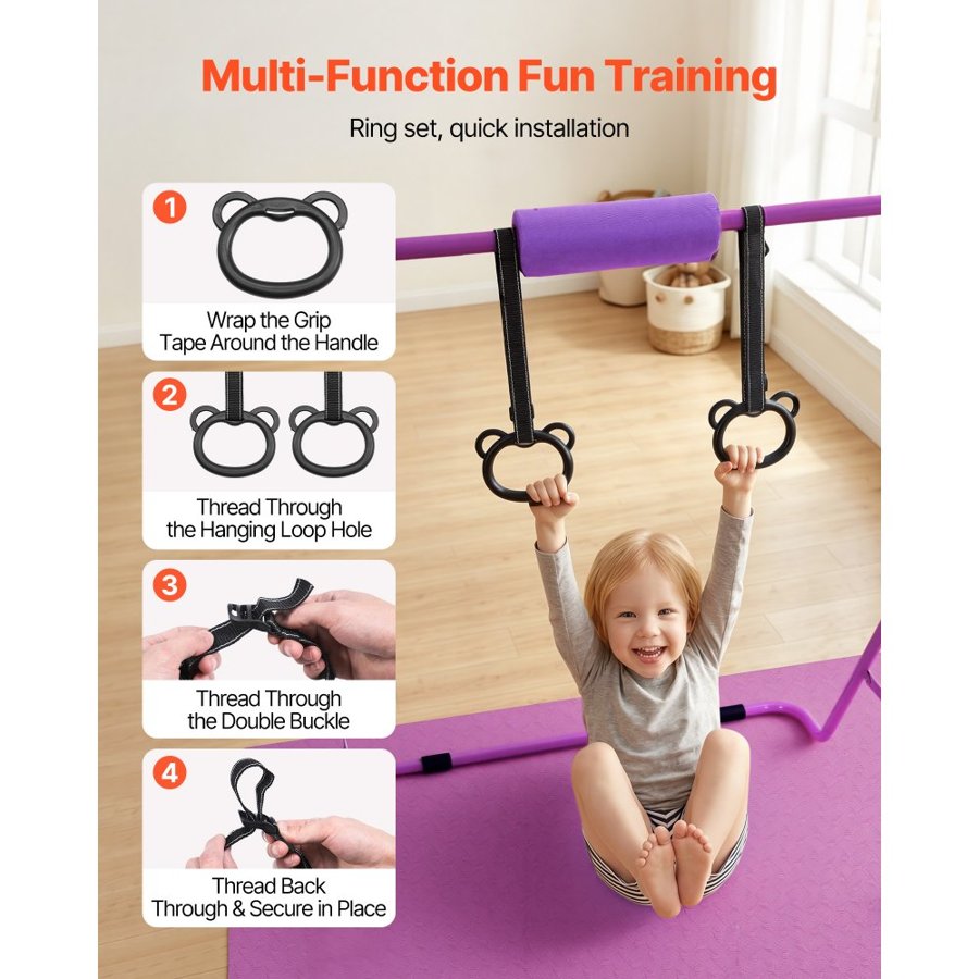 VEVOR Gymnastic Bars for Kids, 63.5 kg Capacity Folding Training Kip Bar with Mat, Adjustable Height Gymnastic Horizontal Bar for Home, Training Equipment for Indoor Outdoor, Easy to Assemble, Purple