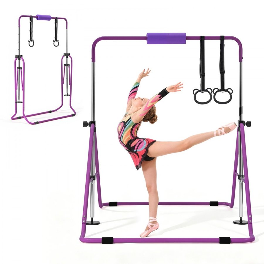 VEVOR Gymnastic Bars for Kids, 63.5 kg Capacity Folding Training Kip Bar, Adjustable Height Gymnastic Horizontal Bar for Home, Training Equipment for Indoor and Outdoor, Easy to Assemble, Purple