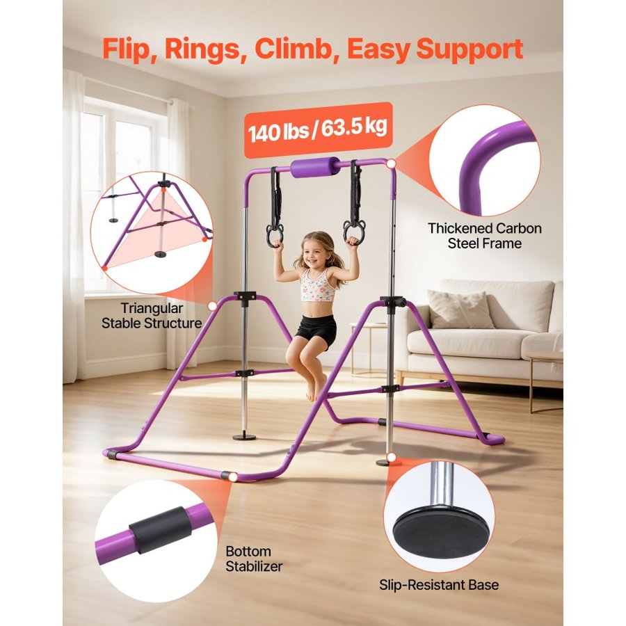 VEVOR Gymnastic Bars for Kids, 63.5 kg Capacity Folding Training Kip Bar, Adjustable Height Gymnastic Horizontal Bar for Home, Training Equipment for Indoor and Outdoor, Easy to Assemble, Purple