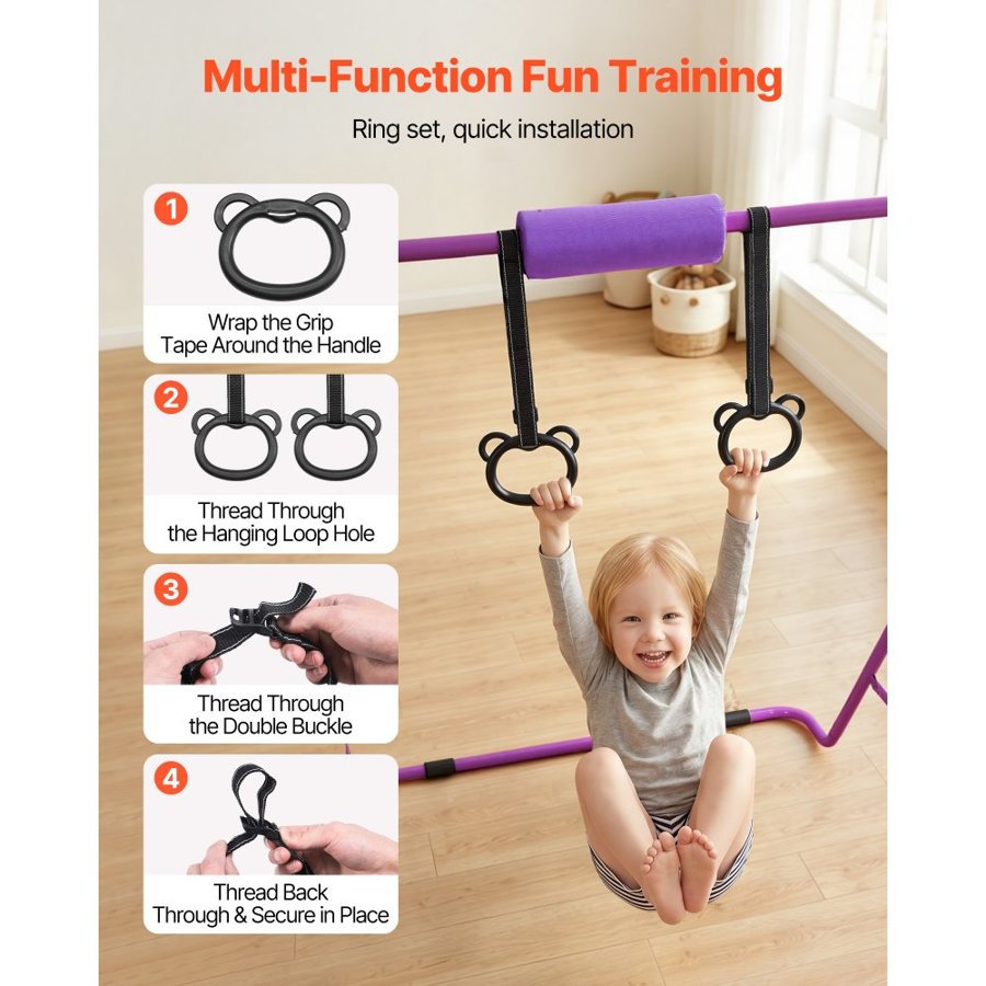 VEVOR Gymnastic Bars for Kids, 63.5 kg Capacity Folding Training Kip Bar, Adjustable Height Gymnastic Horizontal Bar for Home, Training Equipment for Indoor and Outdoor, Easy to Assemble, Purple