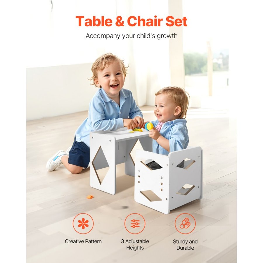 VEVOR Montessori Weaning Table and Chair Set, Wooden Toddler Table and Chair Set for Aged 1-5, Adjustable Height Kids Montessori Chair and Activity Table, Ideal for Reading, Eating, Playing - White